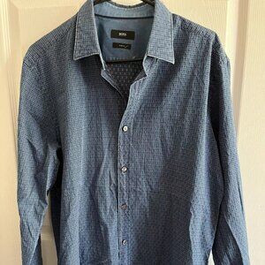BOSS Hugo Boss Shirt Mens Large Blue Button Slim Fit Geometric Long Sleeve